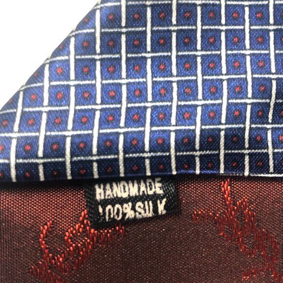 Yves Saint Laurent YSL Paris Tie 100% Silk Handmade Blue Geometric Grid Pattern - Picture 6 of 9